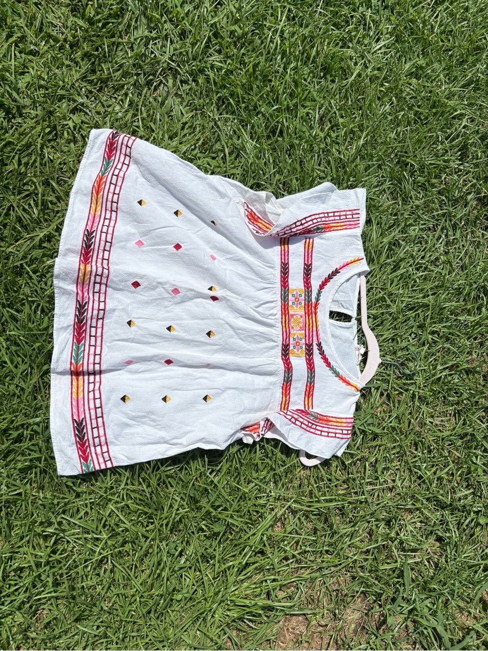 White Embroidered Cotton Girls' Sleeveless Top with Multicolor Accents